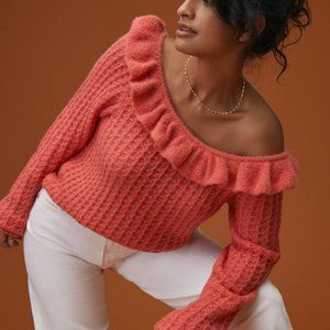 Anthropologie Pink/Rose Ruffled Boat-Neck Sweater 4113529100107